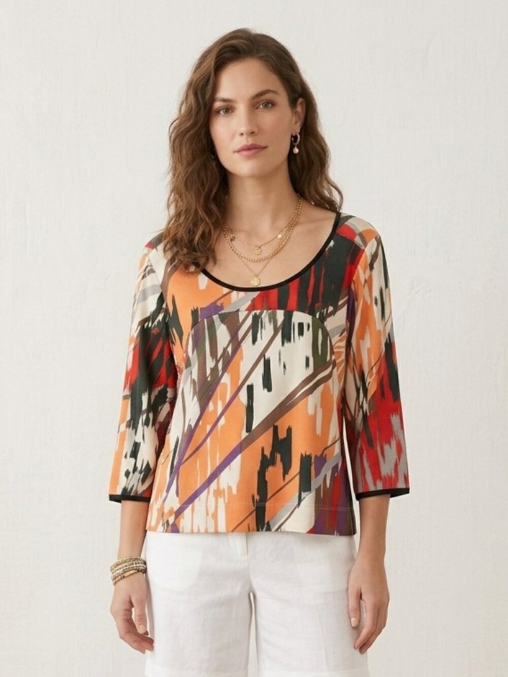 WESTON WEAR Abstract Graphic Print Scoop Neck 3/4 Sleeve Top Sz S